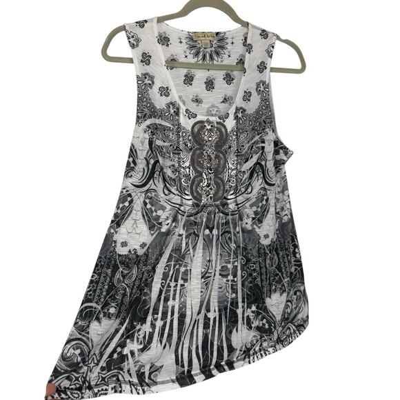 Live and Let Live Tank Top Size Large Black White Floral Embellished Pullover - Picture 1 of 12